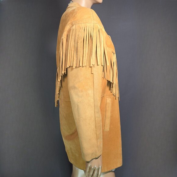 Vintage 90s Fringed Suede Jacket Size M Tan Brown Western Boho Hippie Festival - Picture 10 of 16
